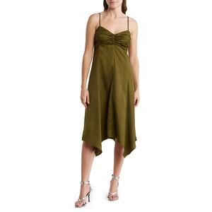 New BCBGeneration Ruched Handkerchief-Hem Midi Dress in Dark Olive Size XL